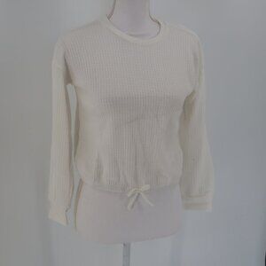 T&B White Waffle Style Long Sleeve Tie Front Crop Top in Ivory Dove Size Large